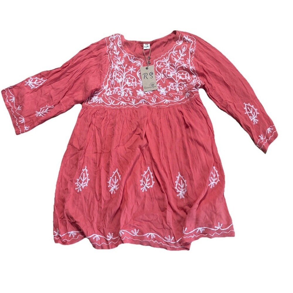Riviera Sun  Women's Blouse Size L Embroidery 3/4 Sleeve Summer Tunic Cover Up